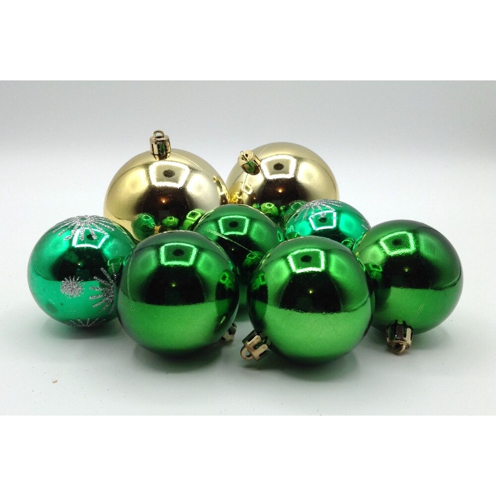 Christmas Tree Shiny Ornaments Green & Gold 6 Solid 2 Silver Glitter Set of 8